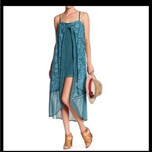 RED CARTER Imari Embroidered Teal High Low Maxi Dress Size S Layer Tie Front